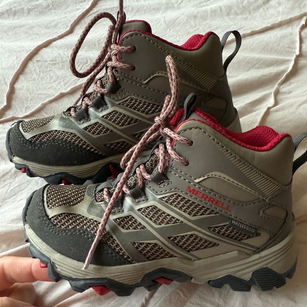 Merrell Child’s Gray/Brown with Red Details Rugged Outdoor Hiking Boots.